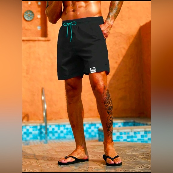 MANFINITY Black Swim Trunks with Teal Drawstring - Picture 3 of 6